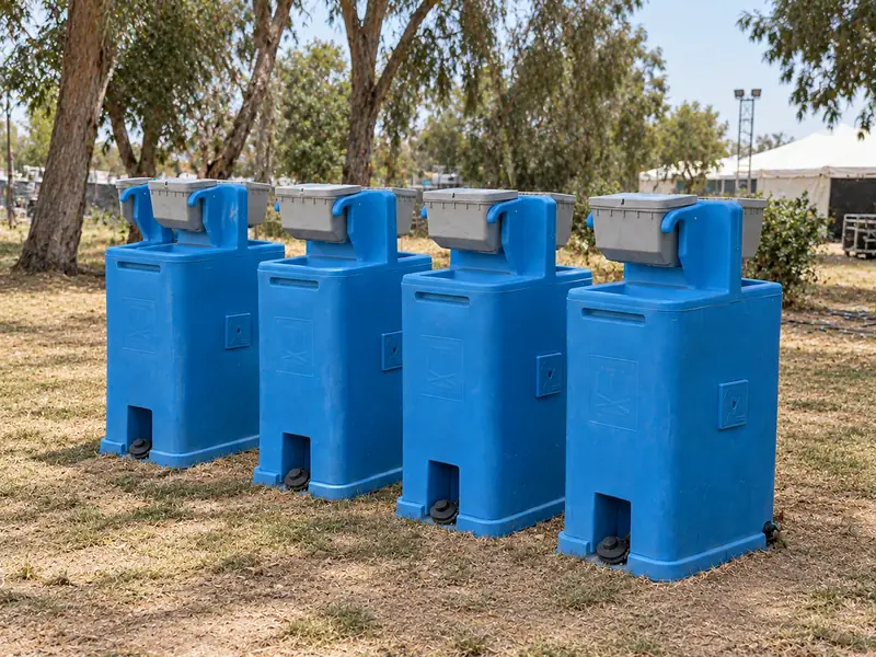 ארבע ברזיות כחולות לשטיפת ידיים של בראשית על דשא בפארק